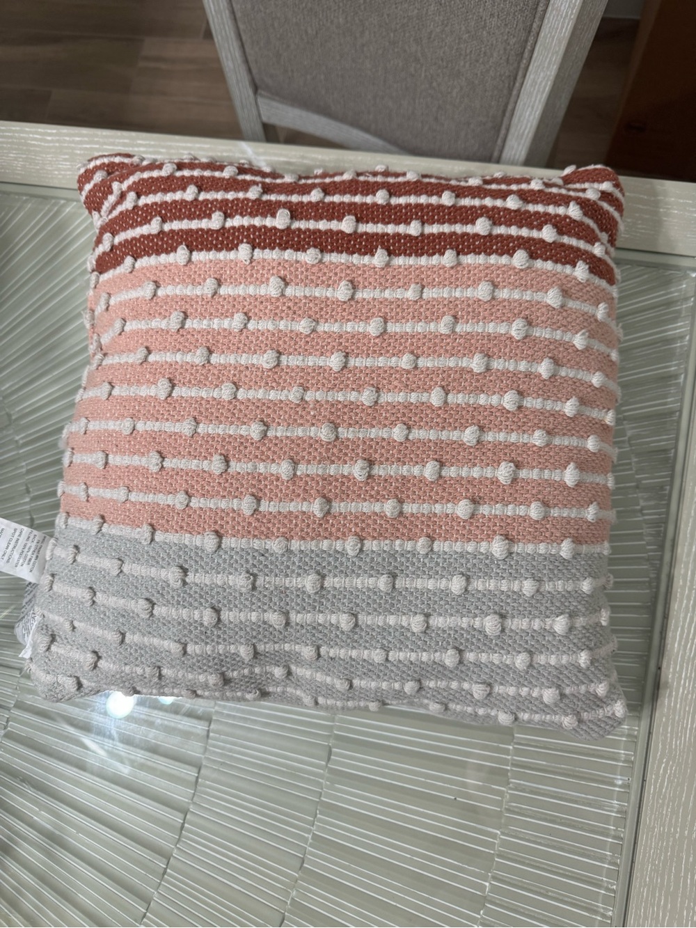 Striped Pom-Pom Accent Pillow in Pink, Rust & Gray